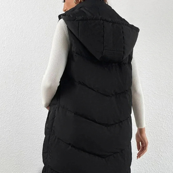 Black Casual Women's Zip Up Slant Pocket Sleeveless Hooded Padded Coat - Picture 2 of 4